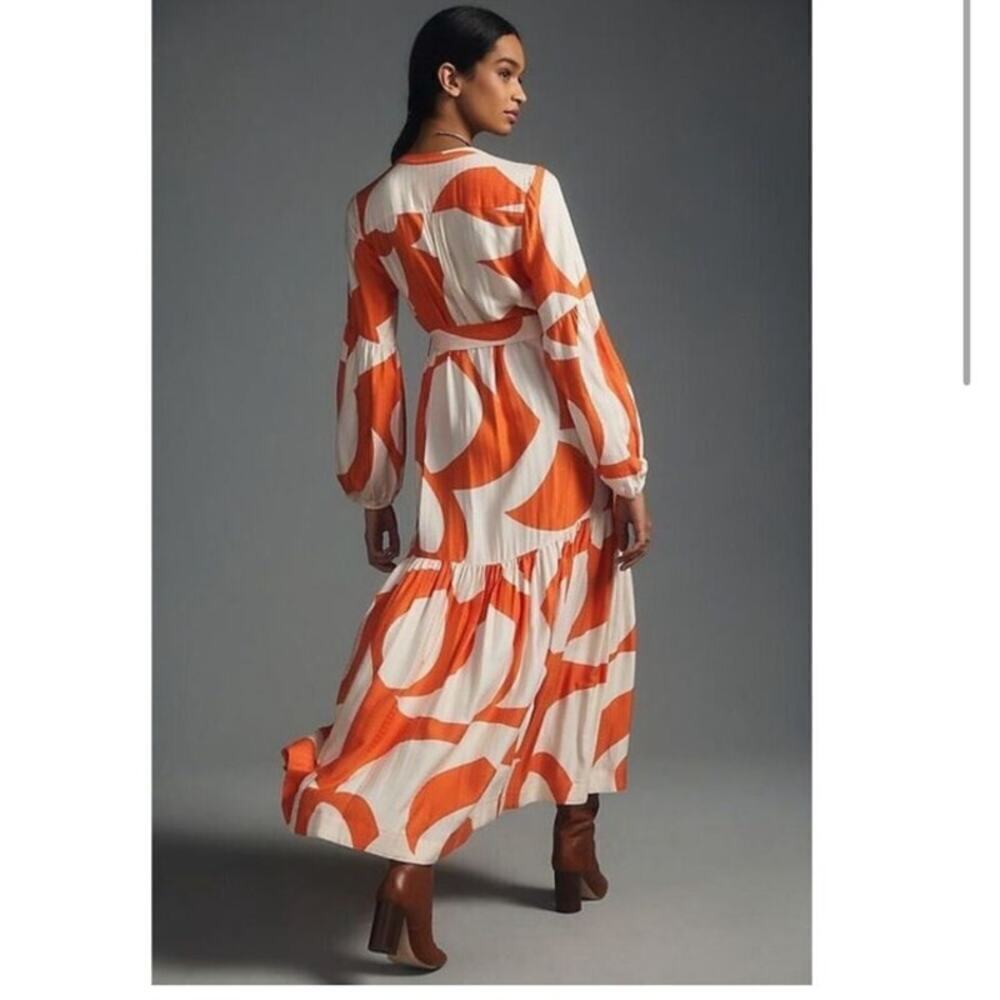 Anthropologie Tiered Buttondown Maxi Belted Dress Orange & White Abstract XXS - Picture 11 of 11